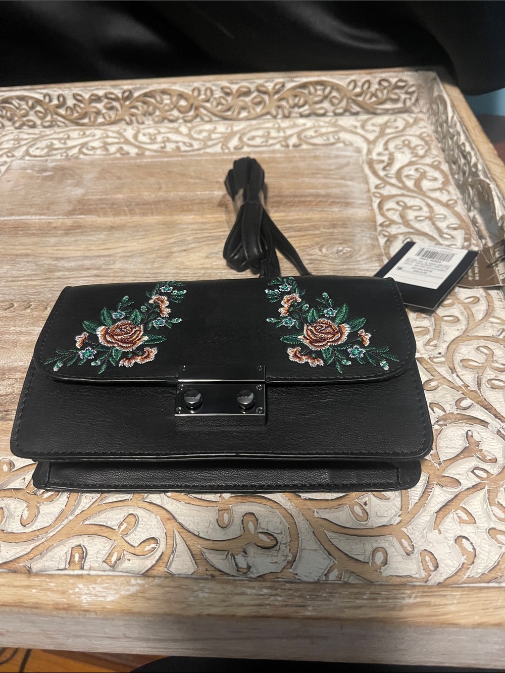 art class Black Crossbody Bag with Embroidered Rose Accents